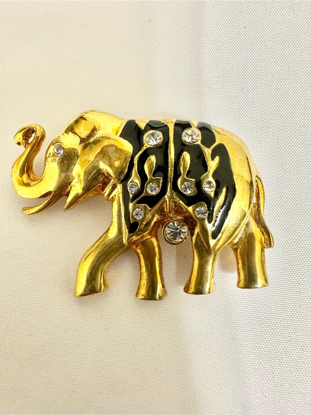 Vintage Gold Plated Elephant Brooch w/ Black Enamel & Clear Crystals